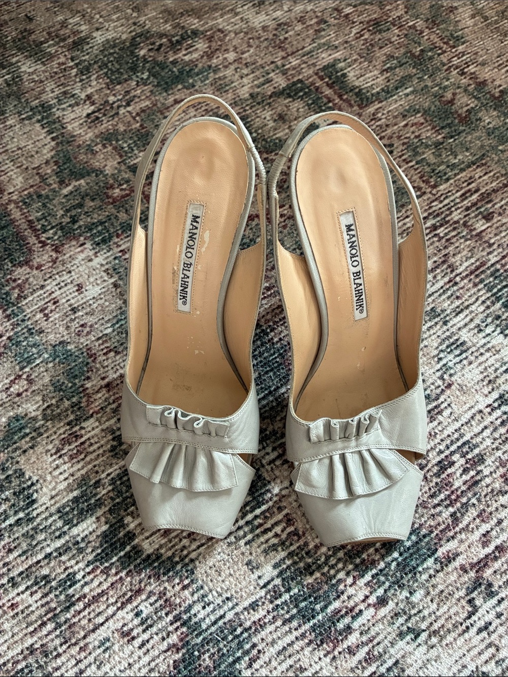 Manolo Blahnik Light Gray Ruffle Slingback Mules